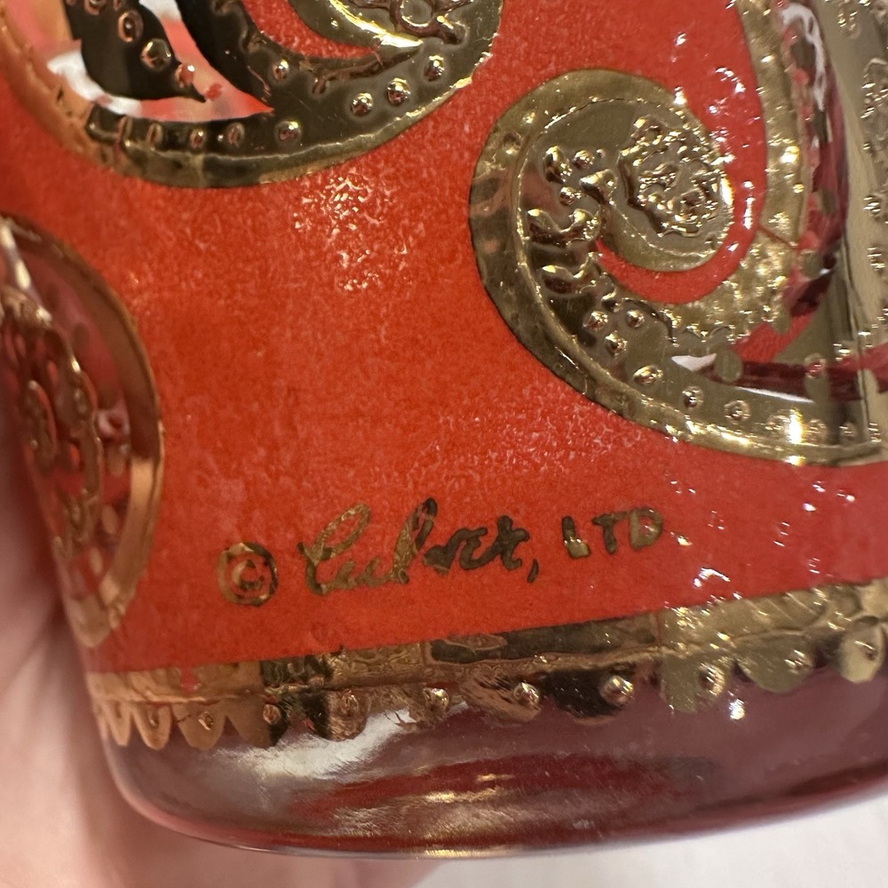 Vintage Culver LTD Old Fashioned Glasses Paisley Red 22K‎ Gold MCM Barware Set 2 - Picture 5 of 8